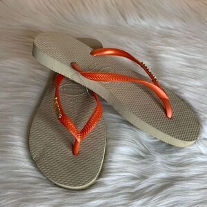 Havaianas Orange & Tan With Gold Logo Flip Flops Size 4/5